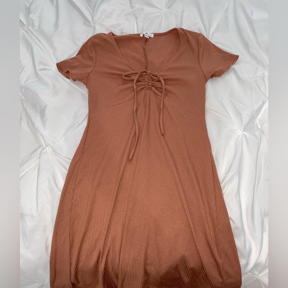 BP light brown soft, form fitting, flowy, casual dress.